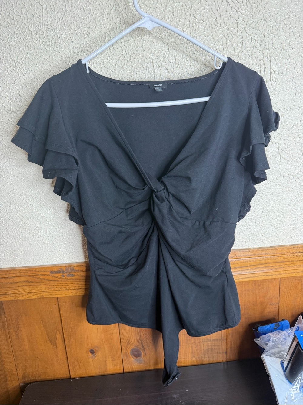 Express Black Twist-Knot Ruffle Sleeve Top